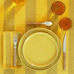 Essential Striped Tablecloth - Mustard/Bronze -ferm LIVING Store essential tablecloth mustard striped assorted glassware dinnerware flatware tablecloth 1